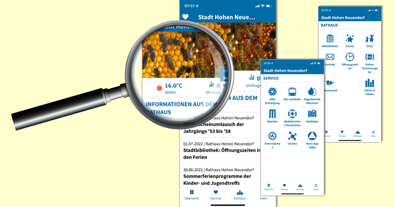 Bildcollage aus Screenshots der Smart Village-App mit Lupe 2022