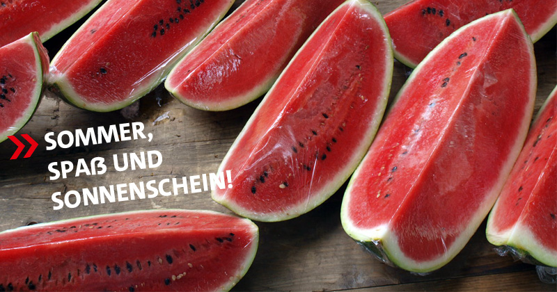 aufgeschnittene Wassermelone mit Text Sommer, Spaß, Sonnenschein!